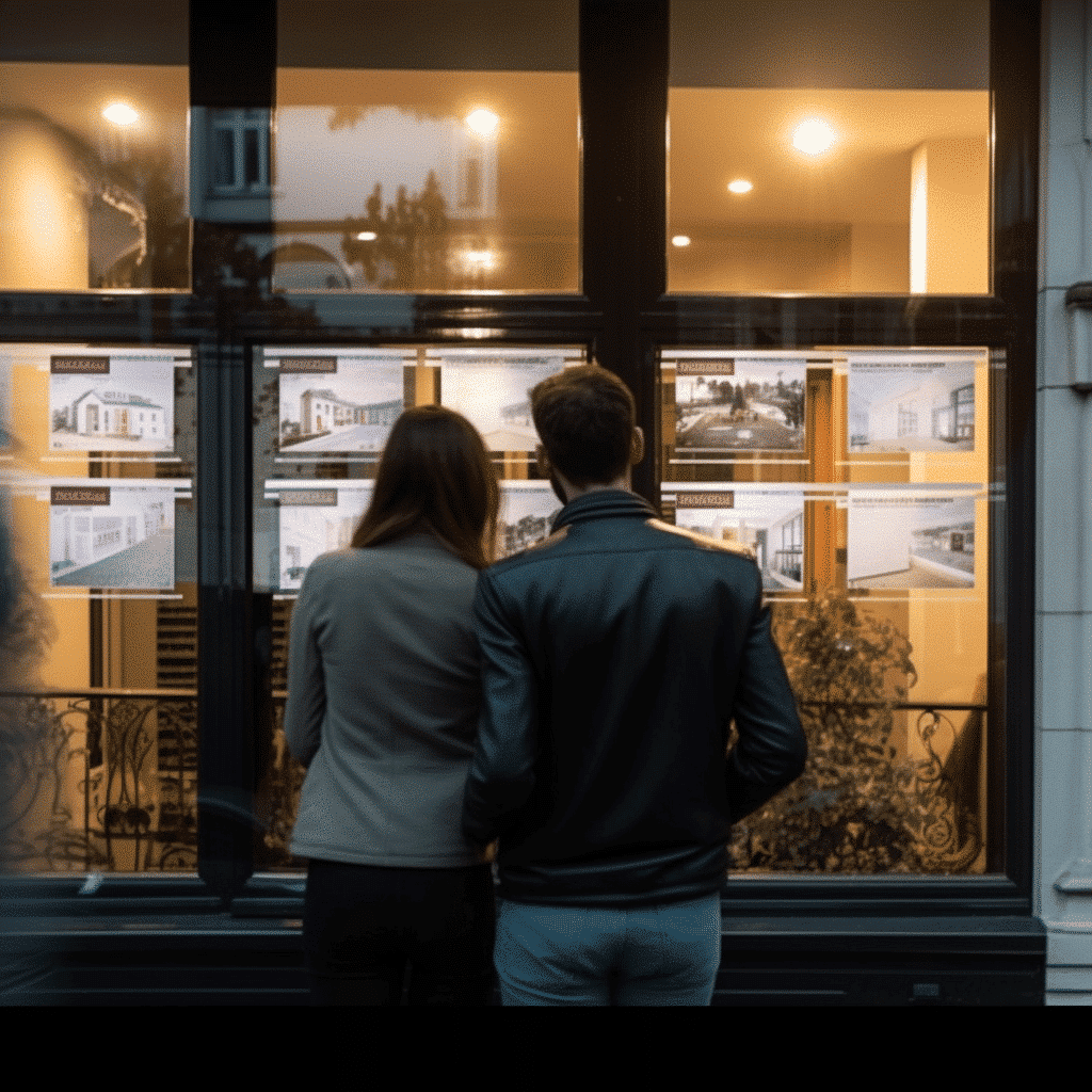 Street_photography_of_a_couple_looking_at_the_windows of a real estate agency